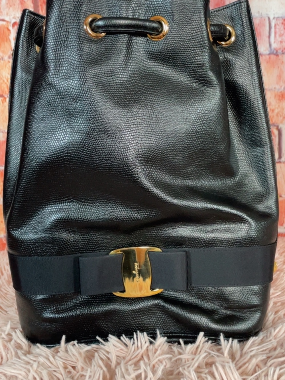Salvatore Ferragamo Black Leather Bucket Backpack with Gold Hardware